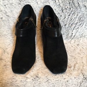 Black suede high heeled booties